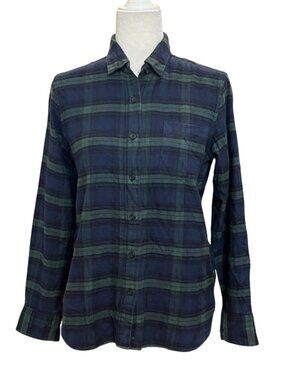 MUJI Flannel Shirt Womens M Blue Green Plaid Button Up Soft Cotton Minimalist